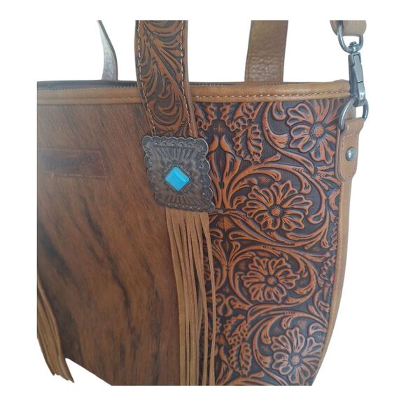 Wrangler Concealed Carry Tote Hair-on Cowhide Fringe Tooled Crossbody Bag Purse - Picture 8 of 16